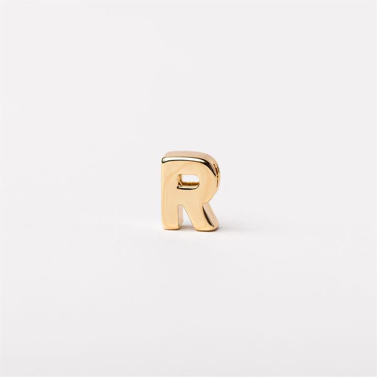 Gold metallic letter "R" charm, available in small and large sizes, for customizing necklaces or bracelets.
