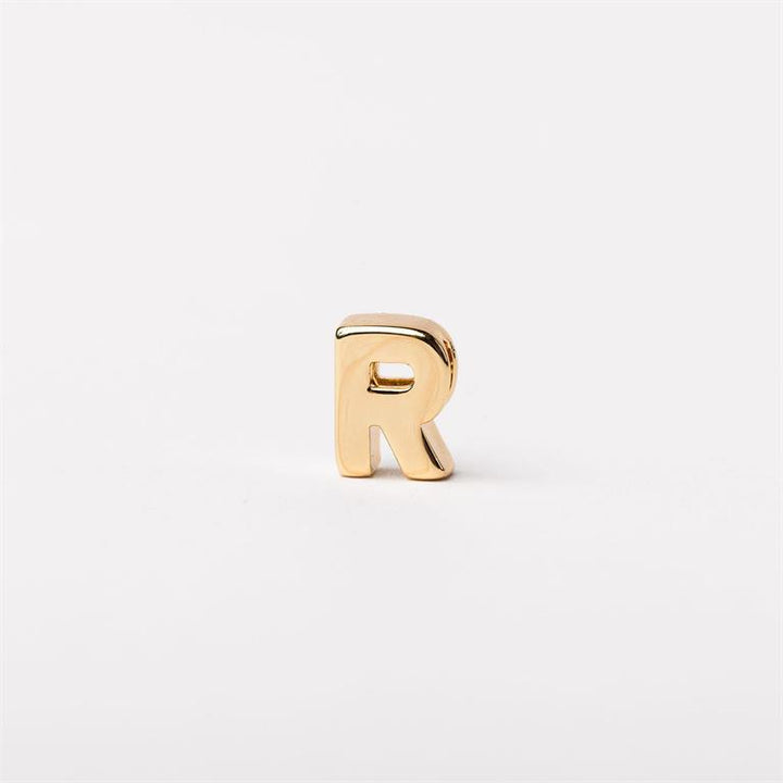 Gold metallic letter "R" charm, available in small and large sizes, for customizing necklaces or bracelets.