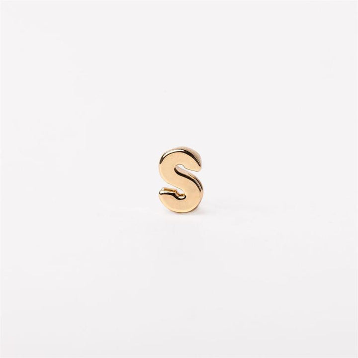 Small gold metallic letter "S" charm; available in multiple sizes. Customizable for necklaces.