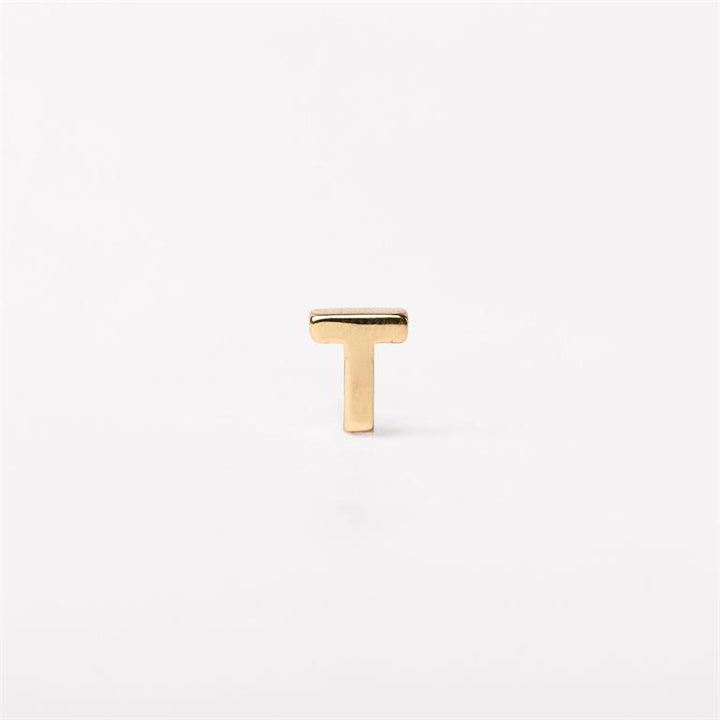 Small gold metallic letter "T" charm for necklaces. Available in multiple sizes.