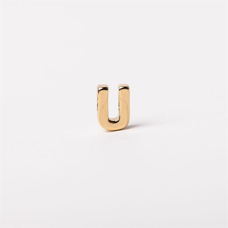 Small gold-toned metallic "U" charm, available in multiple sizes, designed for customization.