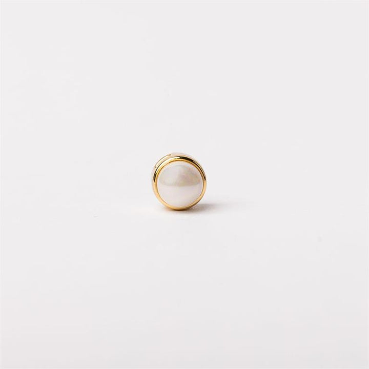 Single round white pearl set in a simple gold bezel. The Luxe Charm Necklace Bar. Available in multiple sizes.