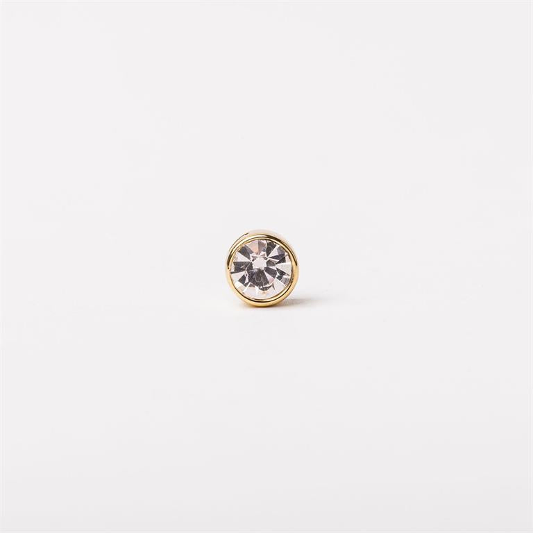 Single round diamond stud earring in a gold bezel setting. Available in 3mm, 4mm, and 5mm sizes.