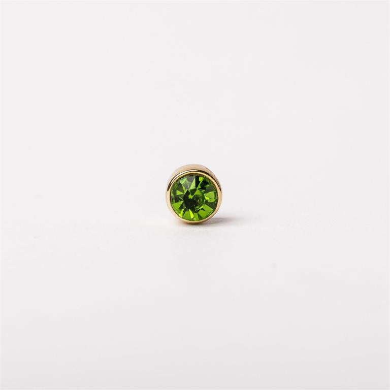 Small round green gemstone in a simple gold bezel, available in 6mm and 8mm sizes.