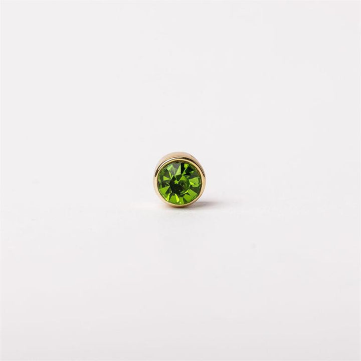 Small round green gemstone in a simple gold bezel, available in 6mm and 8mm sizes.