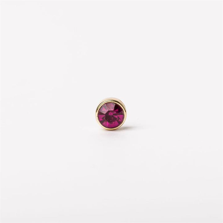 Small round gold stud earring with deep pink gemstone. Available in 6mm and 8mm sizes.