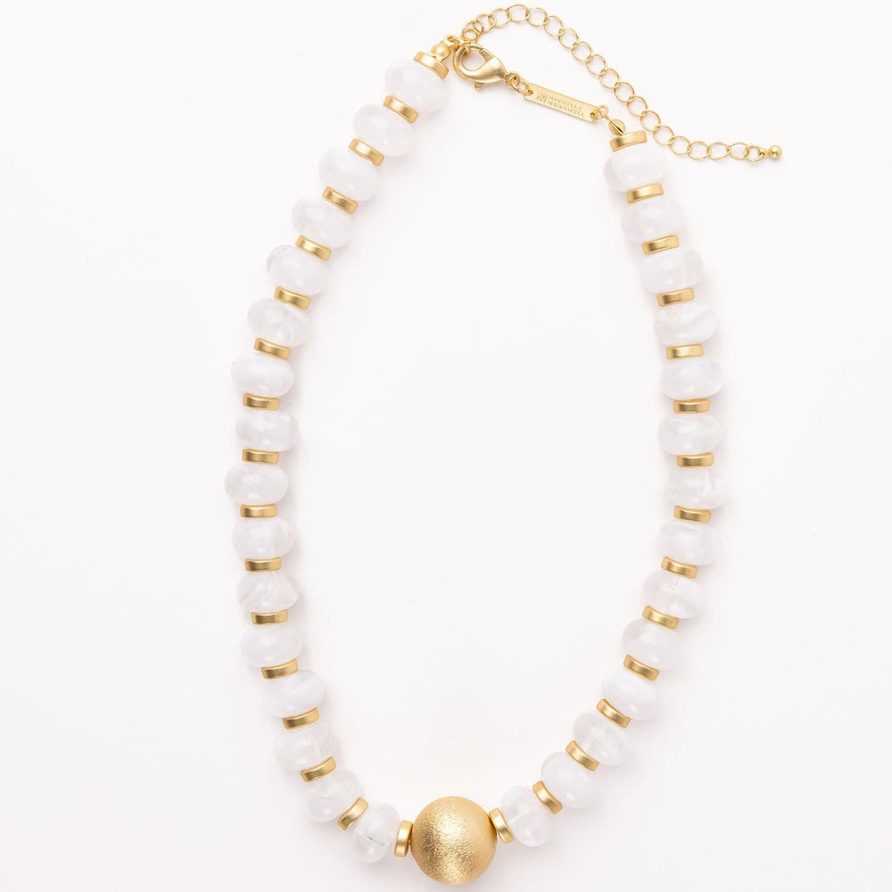 Kylie Necklace: white round beads, gold accents, textured gold center bead, gold chain clasp. Available in 16" and 18".