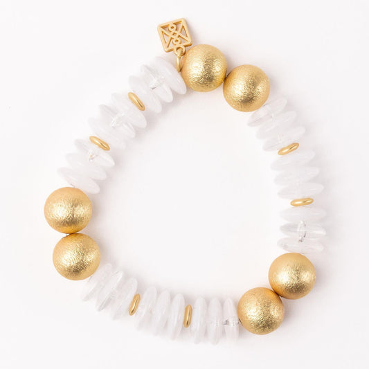 James Bracelet: alternating large textured gold beads, flat translucent discs, small gold spacers, decorative charm. Sizes: S/M/L.