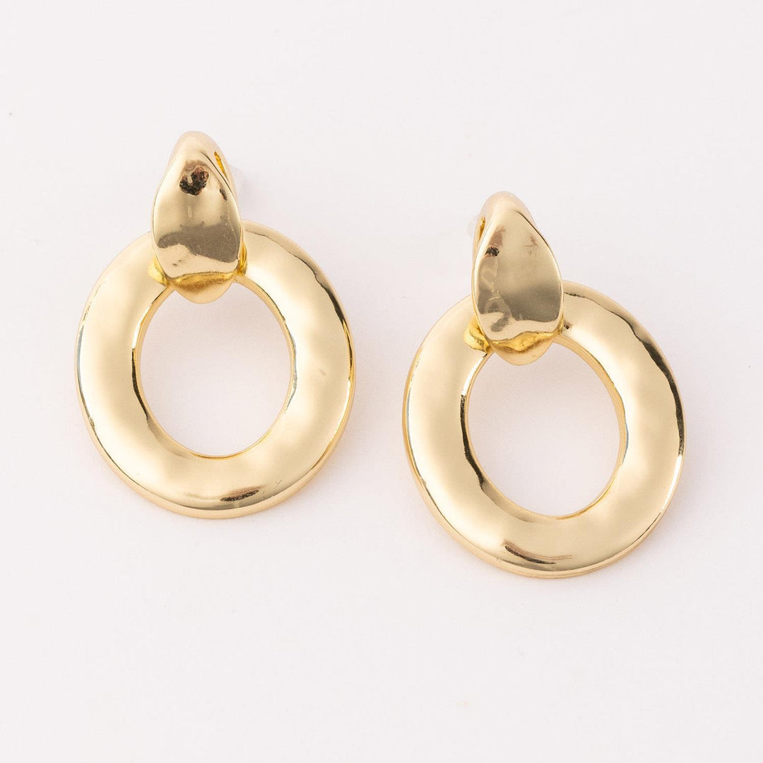 Fallon Gold Earrings, circular pendant on a teardrop stud. Available in multiple sizes.