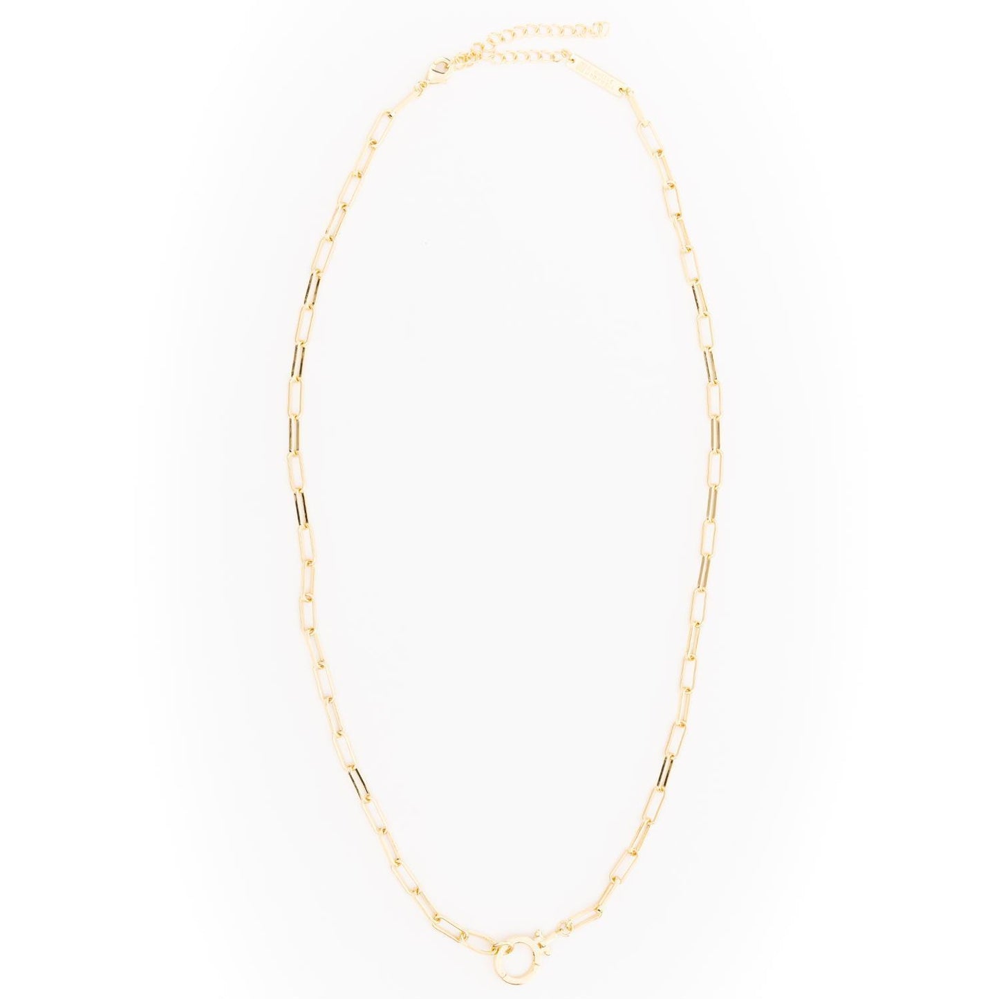 Thea Charm Bar is an 18k gold-plated, hypoallergenic necklace with elongated rectangular links and an adjustable clasp, designed for customizable charms. Available in multiple lengths.