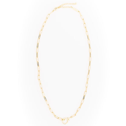 Thea Charm Bar is an 18k gold-plated, hypoallergenic necklace with elongated rectangular links and an adjustable clasp, designed for customizable charms. Available in multiple lengths.