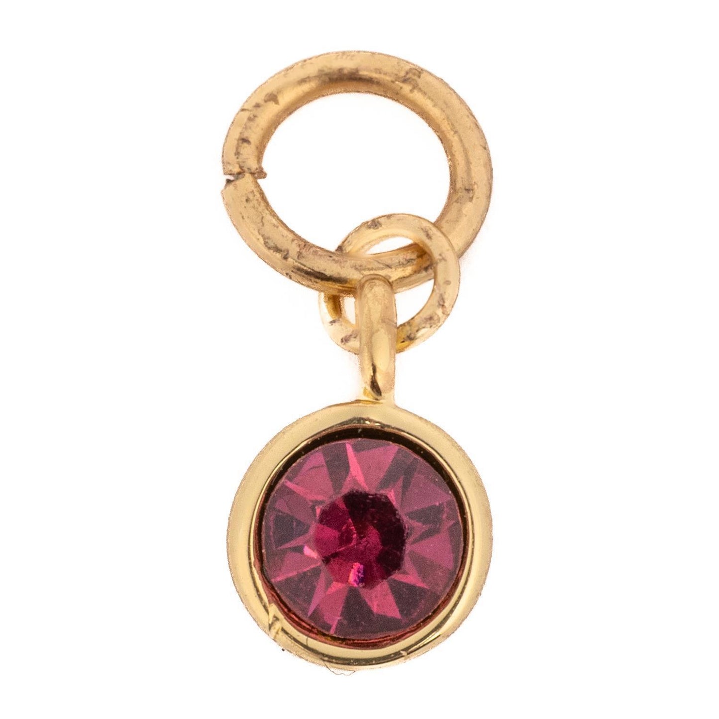 Thea Charm Bar: delicate gold charm with a central circular pink gemstone, attached to a gold jump ring. Hypoallergenic, designed for sensitive skin. Available sizes: please refer to product options.