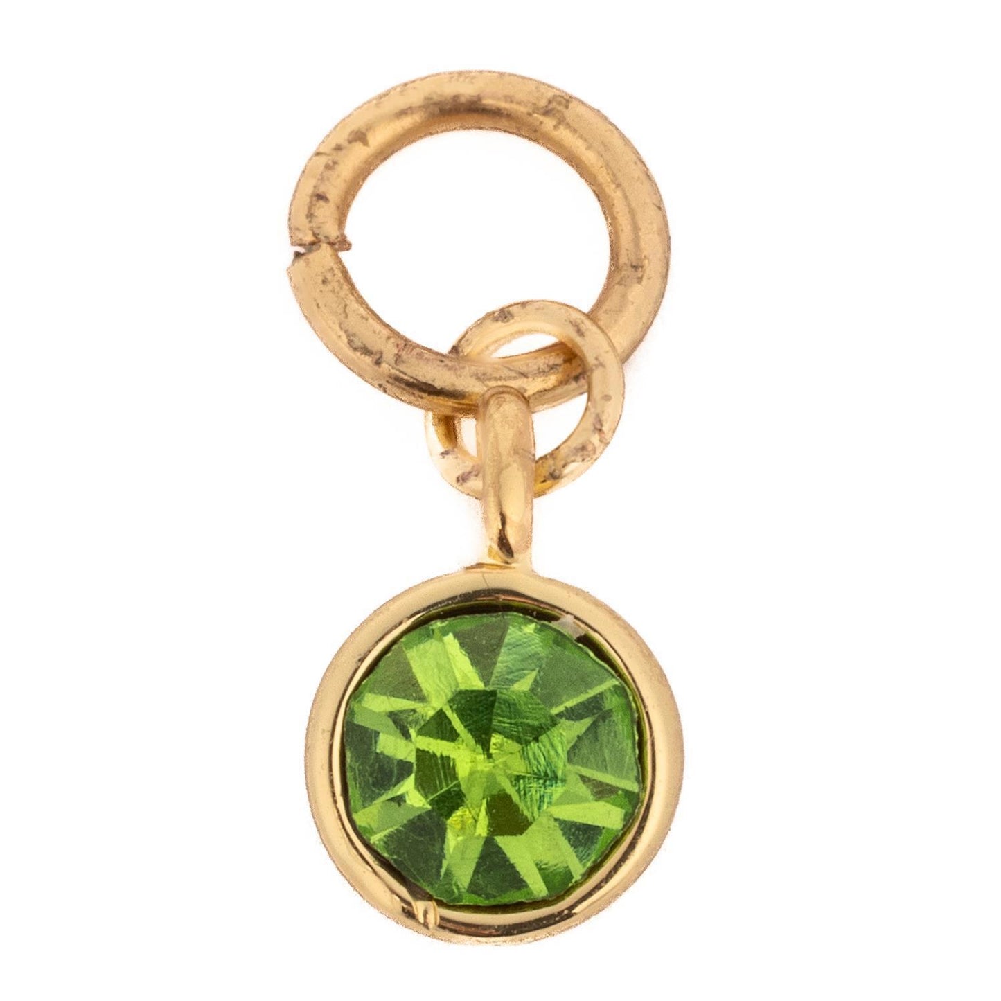 Small gold charm with a round faceted green gemstone in a gold bezel, attached to two interlocking gold loops. Hypoallergenic. Available in multiple sizes.