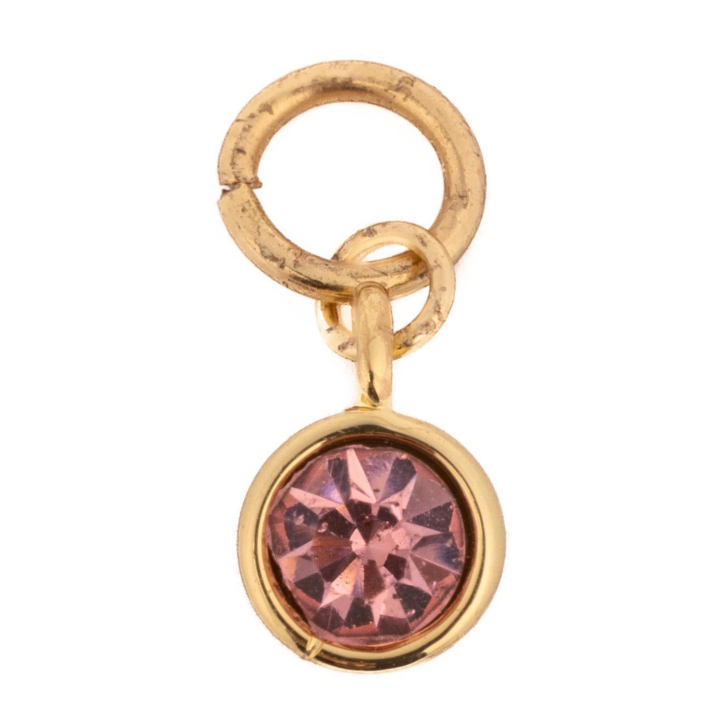 Gold metal charm with a round pink gemstone in a bezel setting, small loop and extra gold ring for attaching to jewelry. Available sizes: 6mm, 8mm.