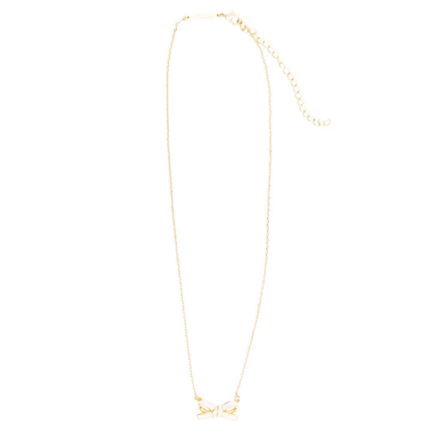 The Luxe White Bow Necklace features an 18k gold-plated bow with a delicate pendant charm, a thin chain, and an adjustable clasp with extender links. Available in adjustable sizes for the perfect fit.