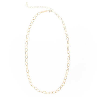 Product: Luxe Clip-On Charm Necklace Bar Description: 18K gold-plated, oval-shaped links with adjustable clasp and extension chain. Sizes Available: Adjustable length.
