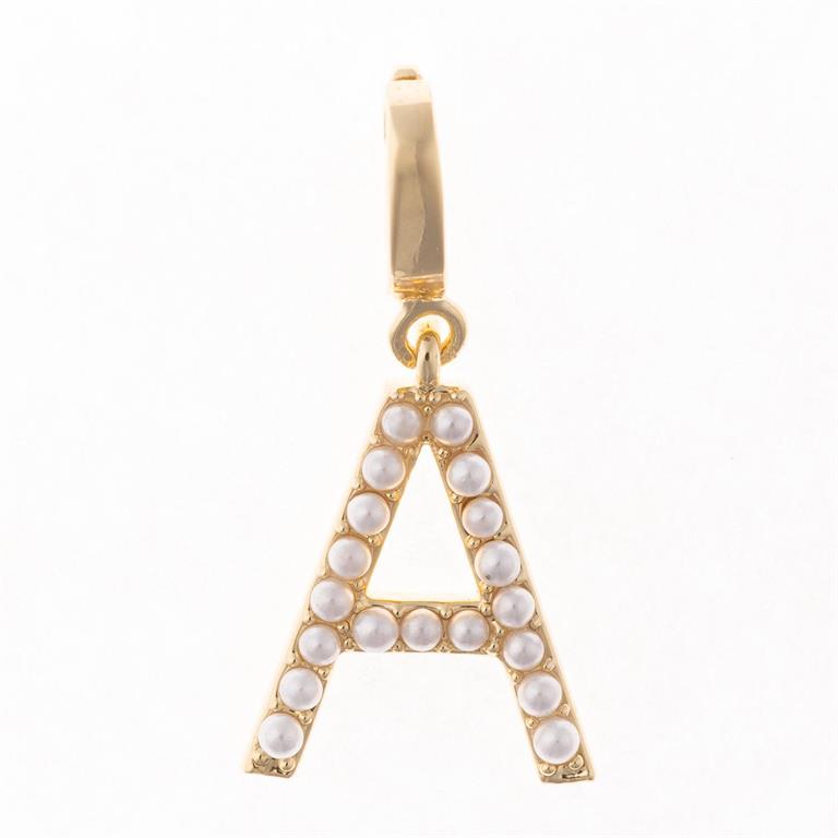 Sophie Clip-On Charm Necklace Bar: “A” gold pendant with white pearls on 18K gold loop. Sizes available: S, M, L.