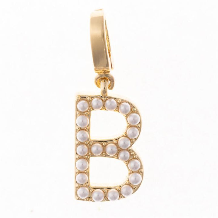 18K gold-plated "B" pendant with white pearls on a clip-on charm necklace bar. Available in 16", 18", and 20" lengths.