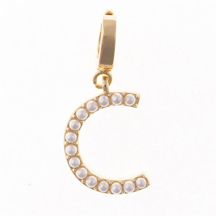 Gold "C" charm with white pearls, 18K gold-plated loop. Attaches to necklace bar. Sizes available: S, M, L.
