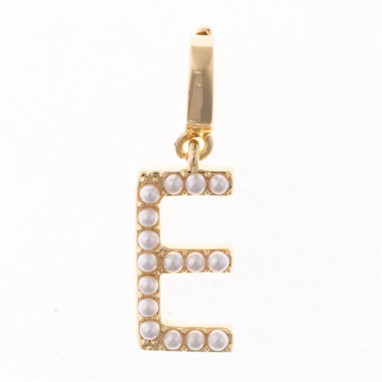 18K gold-plated "E" pendant with white pearl edges and clip-on charm loop. Available sizes: S, M, L.