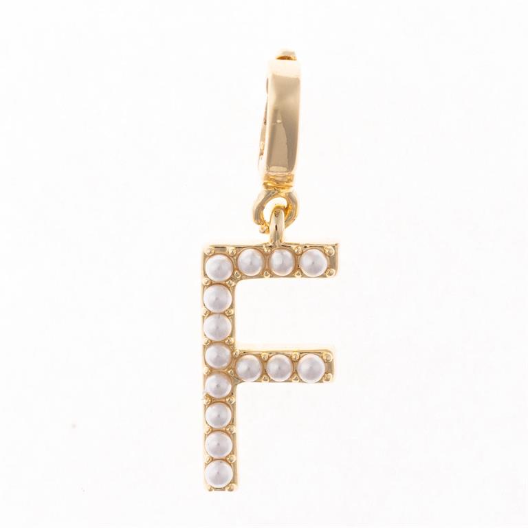 Gold "F" letter pendant with white pearls on 18K gold plated clip-on. Customizable. Available in multiple sizes.