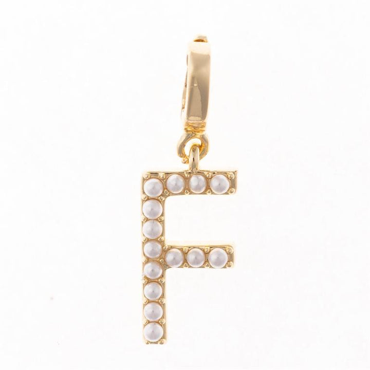 Gold "F" letter pendant with white pearls on 18K gold plated clip-on. Customizable. Available in multiple sizes.