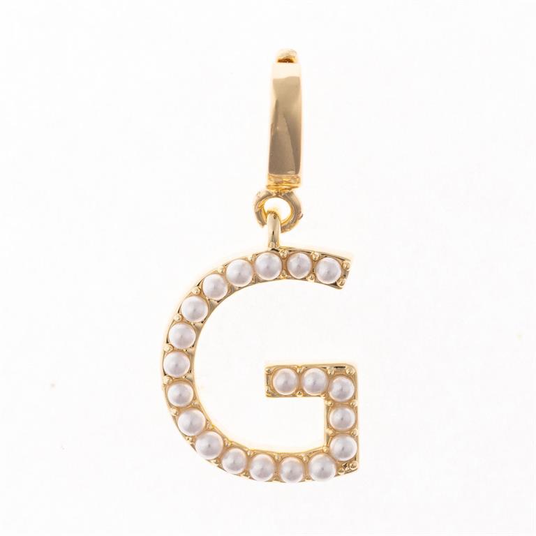 Gold "G" pendant with white pearls on 18K gold-plated loop. The Sophie Clip-On Charm Necklace Bar. Sizes: S, M, L.