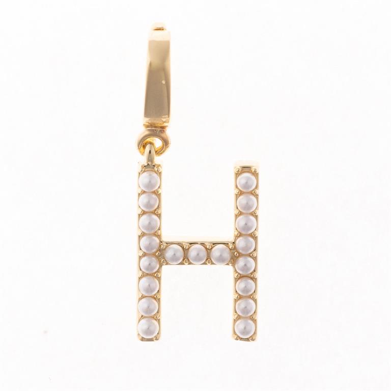 Gold "H" pendant with white pearls, 18K gold-plated. Charms interchangeable. Available in 16", 18", and 20" lengths.