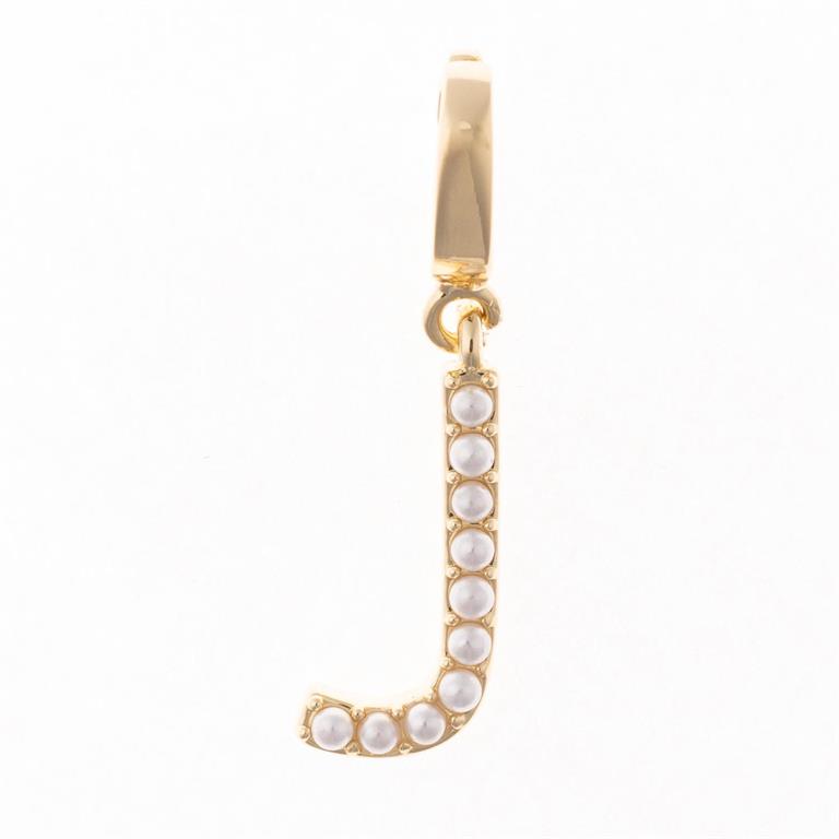 Gold "J"-shaped pendant with front white pearls on an 18K gold plated loop. Available in various necklace sizes.