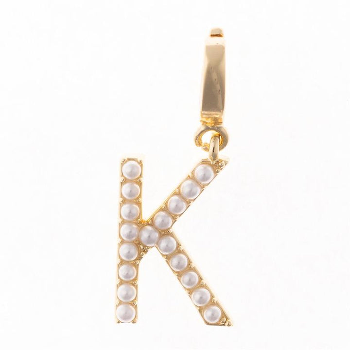 Gold "K" pendant with white pearls on 18K gold plated loop, clip-on charm. Sizes available: adjustable length.