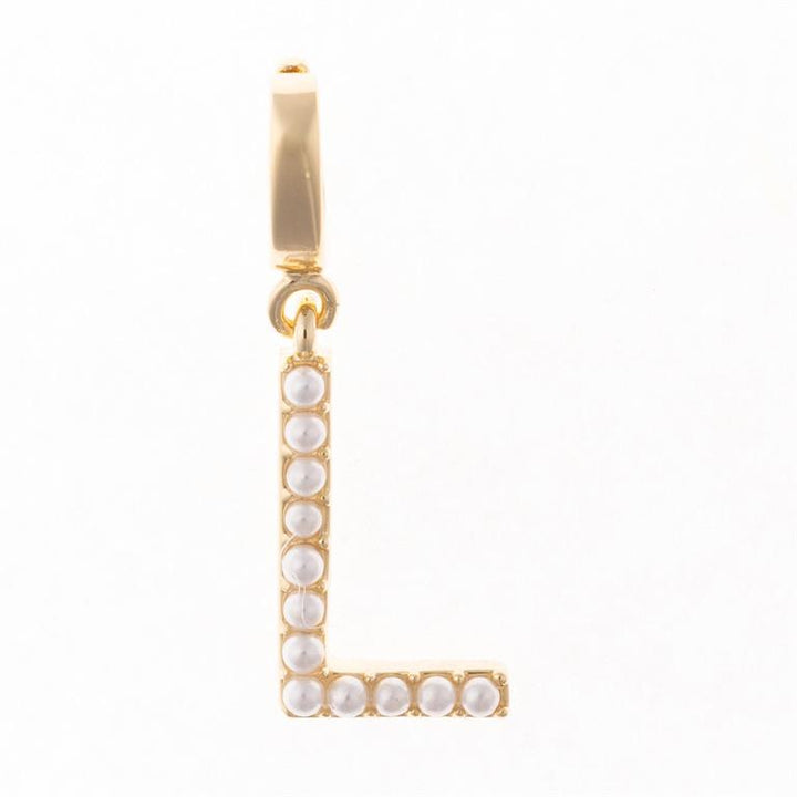 Gold 18K plated "L" pendant with small white pearls on gold loop. Available in sizes S, M, and L. For Sophie Charm Bar.