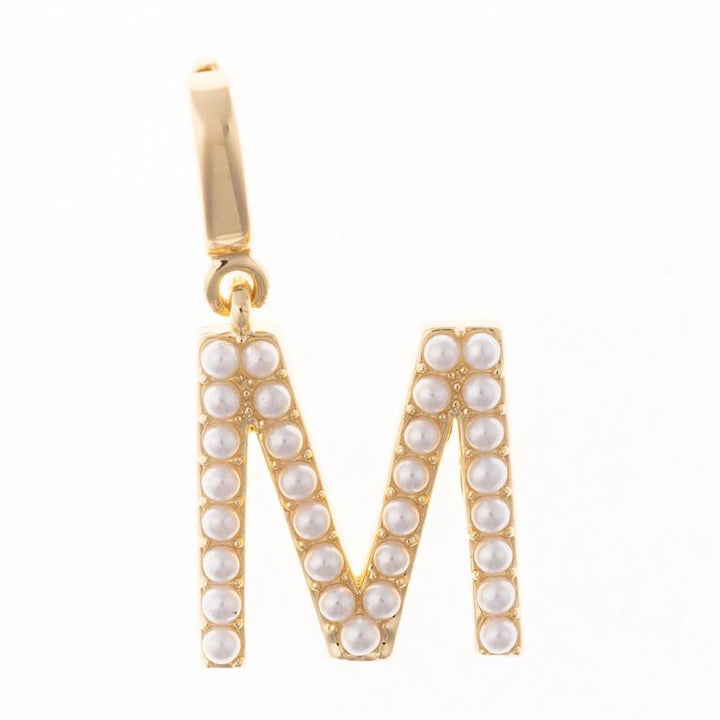 18K gold-plated "M" pendant with rows of small white pearls. Charms are interchangeable. Available in 16", 18", and 20".