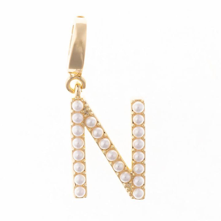 18K gold-plated "N" pendant with white pearls on clip-on charm necklace bar. Sizes available: 16", 18", 20".