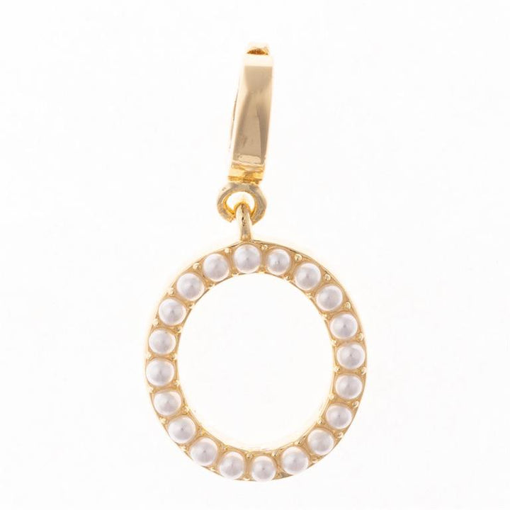 Gold hoop pendant with small white pearls on edge, 18K gold plated bail. Available in multiple sizes.