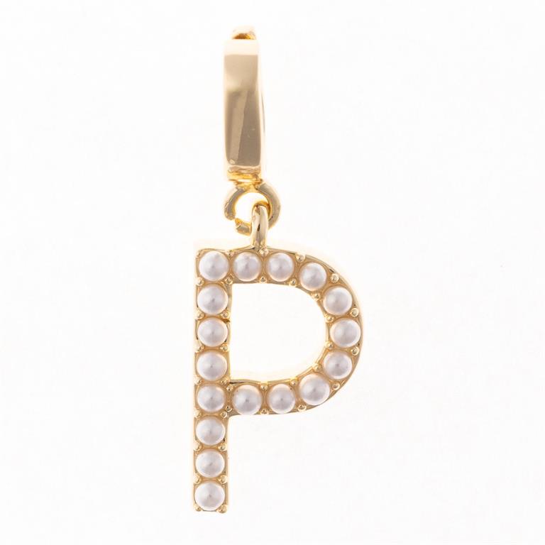 Gold "P" pendant with white pearls, designed for easy charm swapping. Available in small, medium, and large sizes.