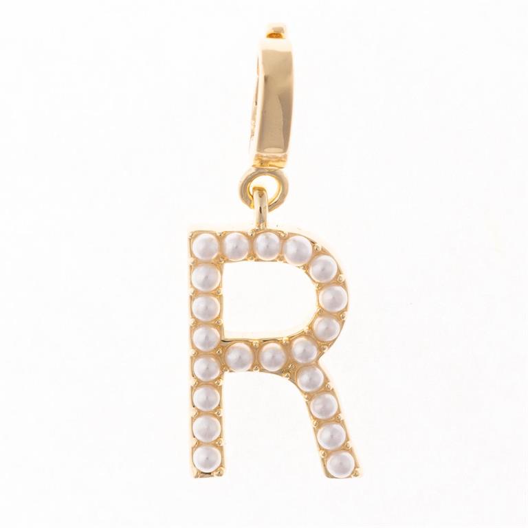 Gold "R" pendant with small white pearls and 18K gold-plated details. Available in mini, small, and medium sizes.
