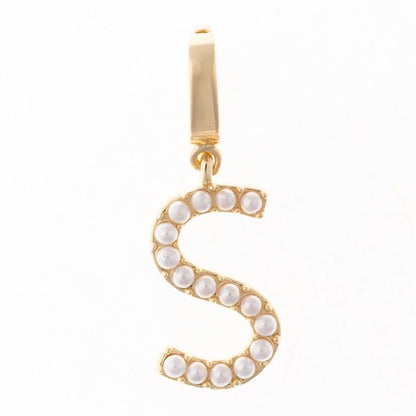18K gold-plated necklace with an "S"-shaped gold pendant and white pearls. Clip-on bar for swapping charms. Sizes: 16", 18".