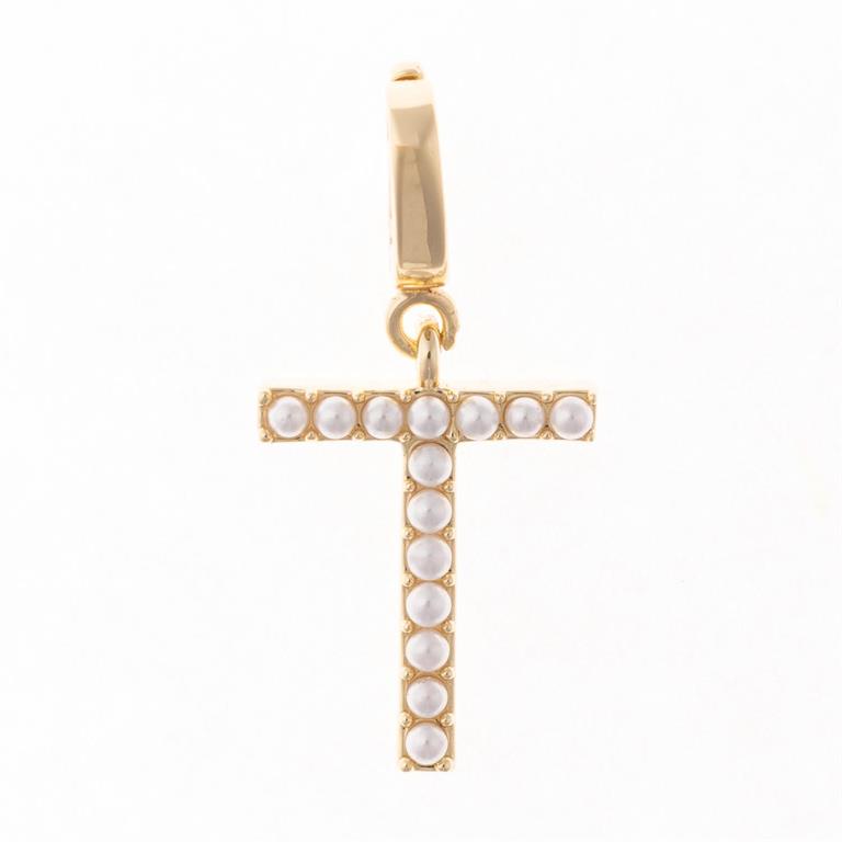 Gold "T" pendant with white pearls, 18K gold plating, clip-on charm. Available in various sizes.
