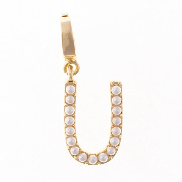 Gold "U"-shaped pendant with white pearls on 18K gold plated necklace bar, clip-on feature. Available in multiple sizes.