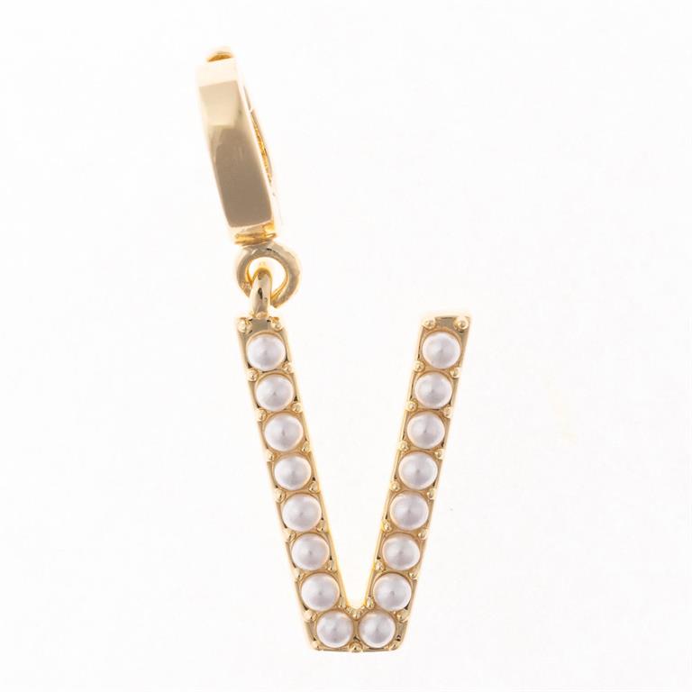 Gold "V"-shaped pearl pendant necklace, 18K plated, clip-on charm bar. Available in multiple sizes.
