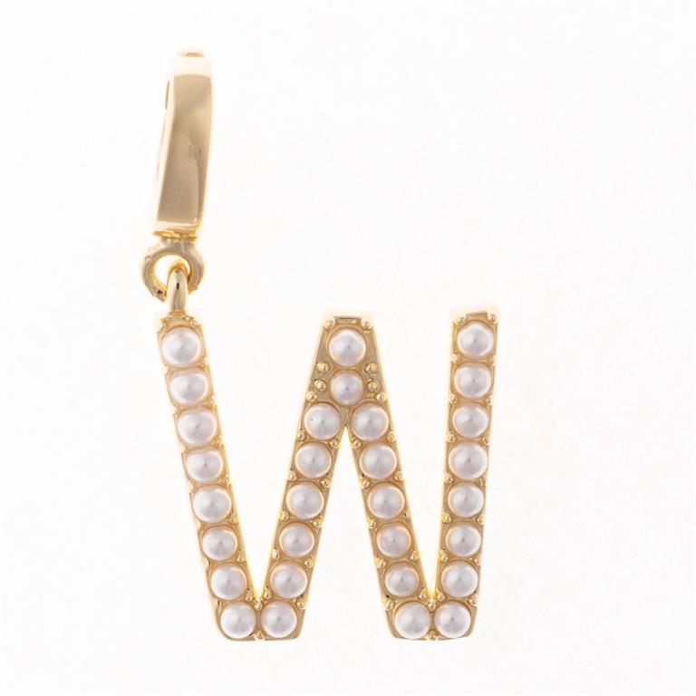 18K gold-plated Sophie Clip-On Charm Necklace Bar with "W" pendant and white pearls. Sizes available: S, M, L.