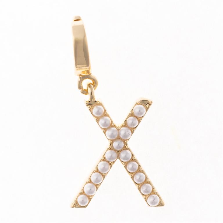 Gold "X" charm with white pearls, 18K gold plated clasp; fits Sophie Clip-On Charm Necklace Bar. Sizes available.