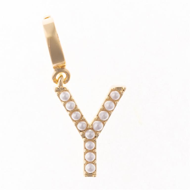 18K gold plated "Y"-shaped necklace with front-set white pearls. Clip-on charms. Available in 16", 18", and 20" lengths.