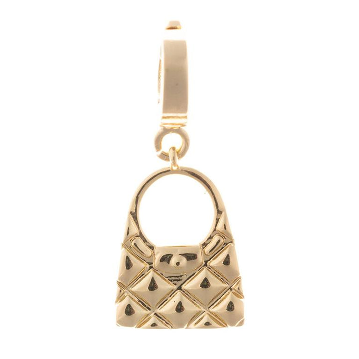 Gold quilted handbag charm with round handle on 18K gold plated loop. Size: Small, Medium, Large.