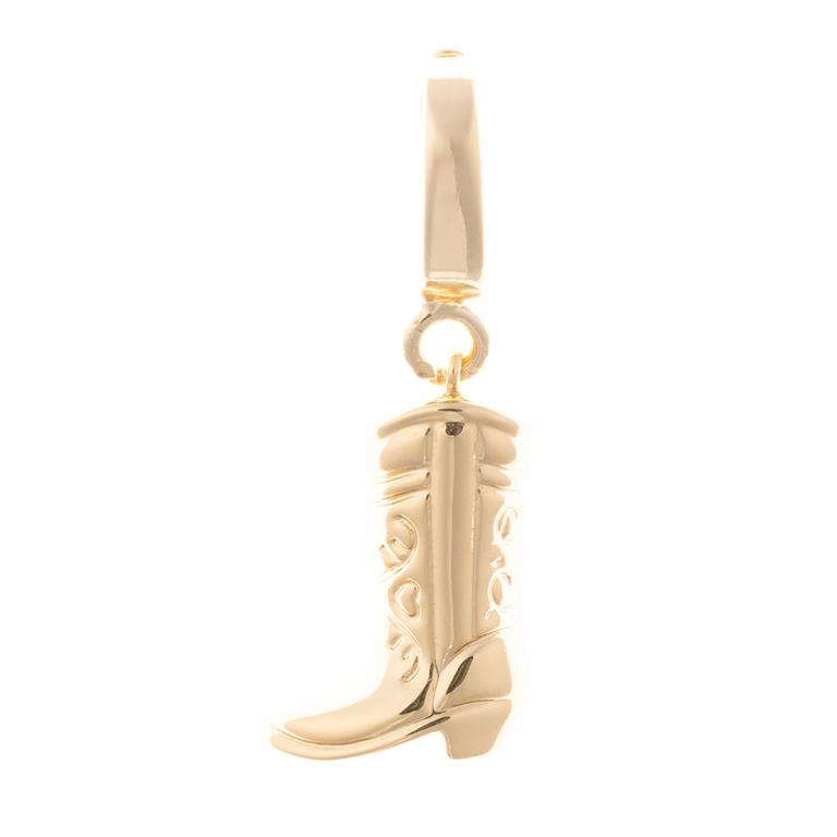 Gold cowboy boot charm with decorative detailing and easy-swap loop; available in small and medium sizes.