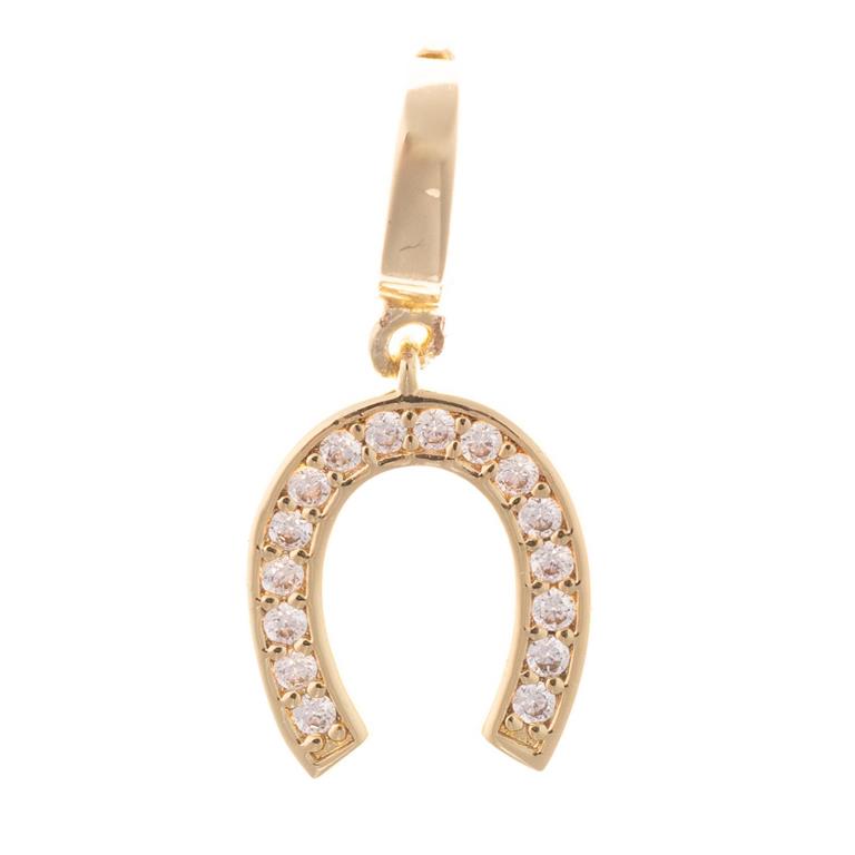 Gold horseshoe pendant with clear gemstones, 18K gold plated, loop attached. Available in small and medium sizes.