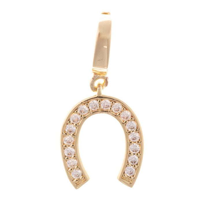 Gold horseshoe pendant with clear gemstones, 18K gold plated, loop attached. Available in small and medium sizes.
