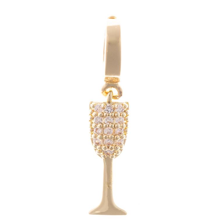 Gold champagne glass charm with clear gemstones, 18K gold plated loop. Available in one size.