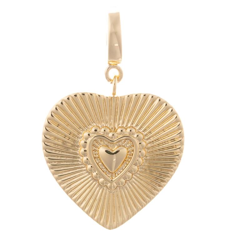 18K gold-plated heart pendant with radiating pattern and central detail. Sizes: available. Fits Sophie Clip-On Charm Necklace Bar.
