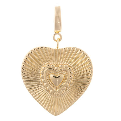 18K gold-plated heart pendant with radiating pattern and central detail. Sizes: available. Fits Sophie Clip-On Charm Necklace Bar.
